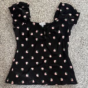 Unique Vintage Black Blouse with Strawberry Motif